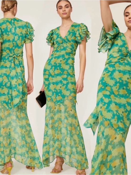 De La Vali Dresses & Skirts - De La Vali 
Palmera Green Floral V-Neck Ruffle-Sleeve Maxi Dress size US 6.